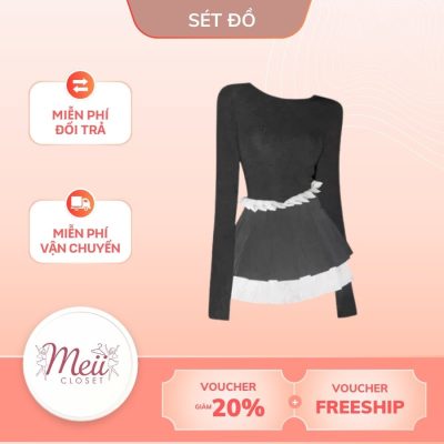 Set Áo Lệch Vai Tay Dài + Chân Váy Xếp Ly Phối Màu Meii Closet